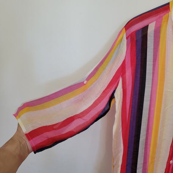 RD & Koko‎ Semi Sheer Rainbow Stripe Button Down Top Roll Tab Sleeve Split Neck - Picture 5 of 13